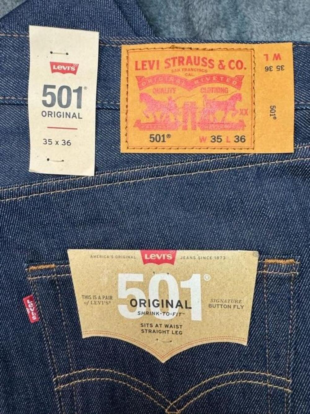 Levi's 501 Jeans Mens 35x36 Blue Raw Denim Straight Shrink-To-Fit Button Fly